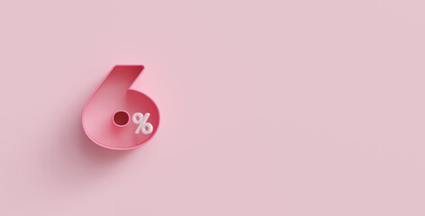 Pink 3d six percents or 6 % on pink background. For advertising promotion, 3d financial concept design. 6% interest special offer. Symbol icon with percentage. Discount concept for cosmetics.