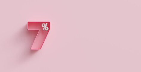 Pink 3d seven percents or 7 % on pink background. For advertising promotion, 3d financial concept design. 7% interest special offer. Symbol icon with percentage. Discount concept for cosmetics.