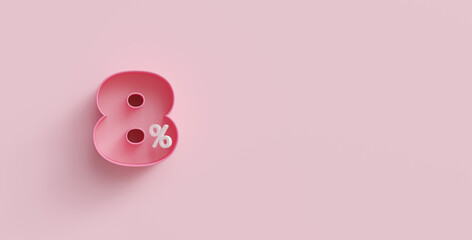 Pink 3d eight percents or 8 % on pink background. For advertising promotion, 3d financial concept design. 8% interest special offer. Symbol icon with percentage. Discount concept for cosmetics.
