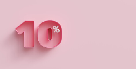 Pink 3d ten percents or 10 % on pink background. For advertising promotion, 3d financial concept design. 10% interest special offer. Symbol icon with percentage. Discount concept for cosmetics.