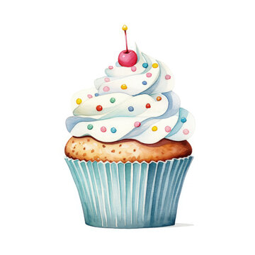 Watercolor Birthday Cupcakes Illustration, Generative Ai