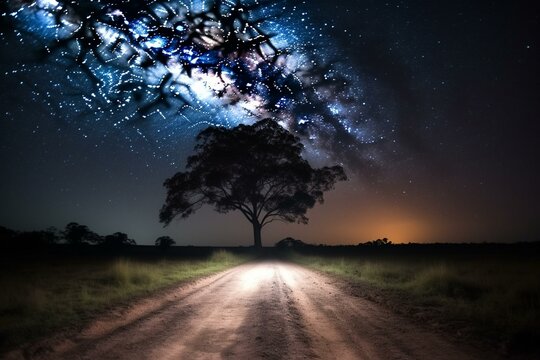 A dark road leading towards a solitary tree under the night sky. Generative AI
