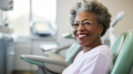 Portrait of a happy dark-skinned adult woman in a dental office. African American woman undergoes a consultation with a dentist in a specialized clinic. Dental health concept. - Powered by Adobe