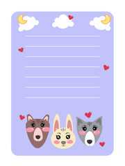 Cute vector lined check list, note with kawaii animals. Printable to do, diary, page notebook, daily planner, notes and checklist. Notes with bear, bunny, wolf ready for print
