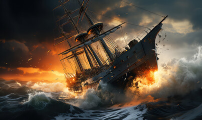 A Lone Boat's Tenacious Battle Against the Unrelenting Fury of a Stormy Sea - Generative AI