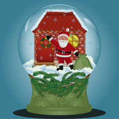 the cabin in winter, snow falls, christmas glass ball,snow globe, santa claus house, a bag with the presents, , garlands on the door