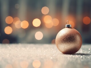 Close-up of a golden Christmas tree toy decoration on a blurred bokeh background in winter Christmas scenery with copy space. Happy New Year's attributes, greeting card.
