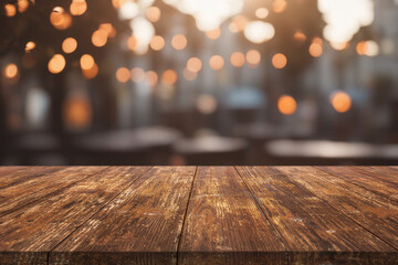Beautiful natural wooden table with light lamp bokeh background