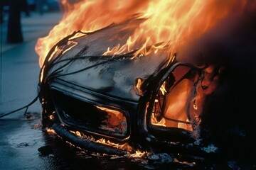 A contemporary automobile's closeup headlight corner engulfed in flames amidst a violent conflict within a neighborhood. Generative AI - obrazy, fototapety, plakaty