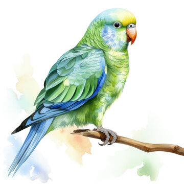 Watercolor Parakeet Bird Illustration, Generative Ai