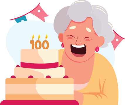 Old woman celebrating 100th birthday flat style vector illustration, Happy old lady with a 100th birthday cake flat style stock vector