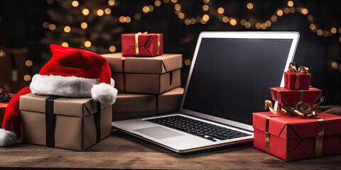 laptop with santa hats and gift boxes Generative AI
