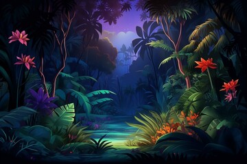Fototapeta na wymiar Background of night tropical jungle with rainforest ambiance. Generative AI