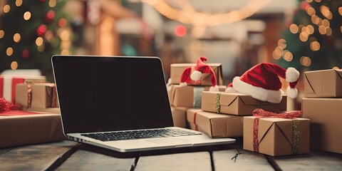 laptop with santa hats and gift boxes Generative AI
