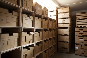Stacked boxes in storage unit. Generative AI