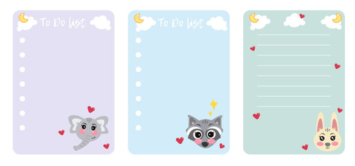 Set of cute note organizer, check list, to do list with kawaii cartoon animals. Printable cute checklist with elephant, raccoon, bunny. Kawaii stationery with pastel soft colors for children