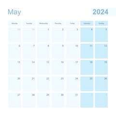 2024 May wall planner in blue pastel color, week starts on Monday.