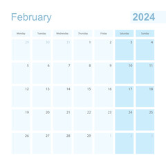 2024 February wall planner in blue pastel color, week starts on Monday.