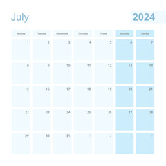 2024 July wall planner in blue pastel color, week starts on Monday.