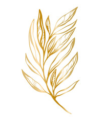 Botanical golden illustration of a leaves branch for wedding invitation and cards, logo design, web, social media and posters template. Elegant minimal style floral vector isolated.	