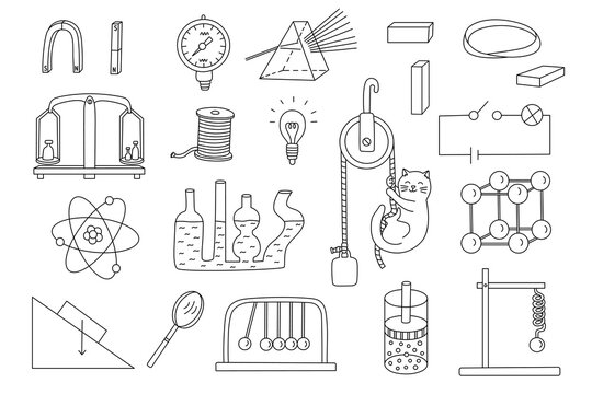 Physics sciences set.  Hand drawn doodle vector illustration black outline. Back to school theme elements. Great for coloring.