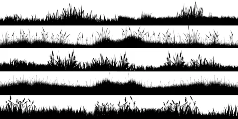 Fototapeten Meadow silhouettes with grass, plants on plain. Panoramic summer lawn landscape with herbs, various weeds. Herbal border, frame element. Black horizontal banners. Vector illustration © 32 pixels