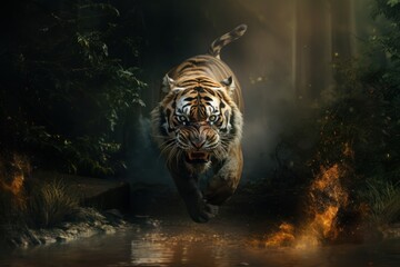 A tiger running out from the jungle. Generative Ai - obrazy, fototapety, plakaty