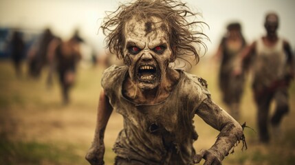 Zombies are running across a field towards the camera, creating a sense of horror and pursuit.