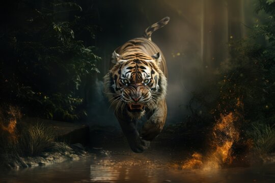 A tiger running out from the jungle. Generative Ai