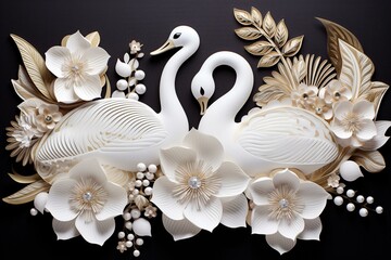 Exquisite 3D floral jewelry with a graceful swan for an elegant wall backdrop. Generative AI