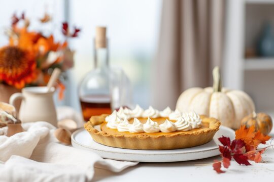 Homemade pumpkin pie on the table of the moden kitchen