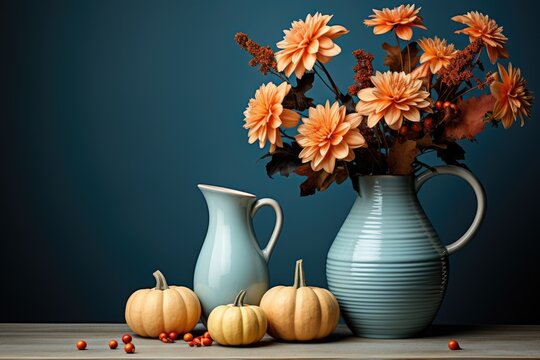 Minimal interior decorated with pumpkins and fall flowers