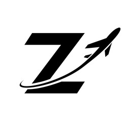 Black Lowercase Letter Z Icon with an Airplane