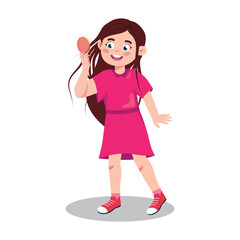 Thh girl is combing her hair with the comb, girl with long hair. Cute girl vector illustration. Vector flat illustration. Cartoon style illustration