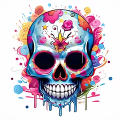 Photo sur Plexiglas Crâne aquarelle Watercolor Cartoon Sugar Skull Illustration, Generative Ai