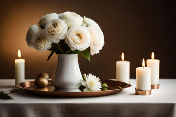 Fototapeta na wymiar Bouquet of white flowers in a vase, candles on vintage copper tray, wedding home decor on a table