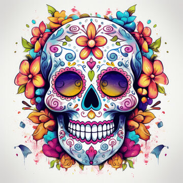 Watercolor Cartoon Sugar Skull Illustration, Generative Ai