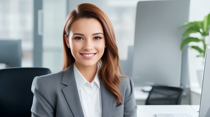 portrait of a smiling businesswoman working at a computer