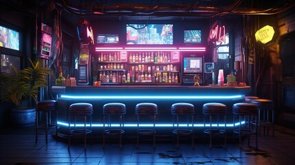 Generative AI, Cyberpunk style bar or cafe. Night scene of big city, futuristic nostalgic 80s, 90s. Neon lights vibrant colors, photorealistic horizontal illustration.. - obrazy, fototapety, plakaty