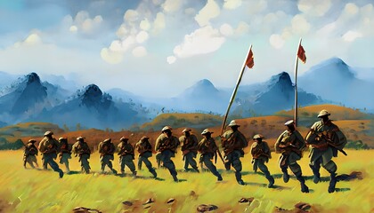 A squad of soldiers on a battlefield in the green hills - obrazy, fototapety, plakaty