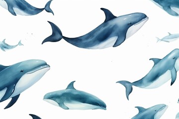 Seamless pattern of whales in watercolor painting. Generative AI