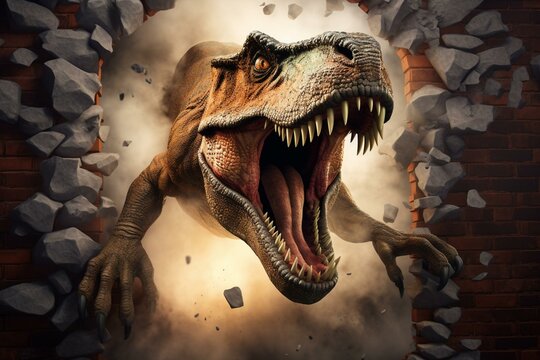 An intense image of a fearsome tyrannosaurus rex bursting through a wall symbolizing success and overcoming challenges in business, illustrated in 3D. Generative AI