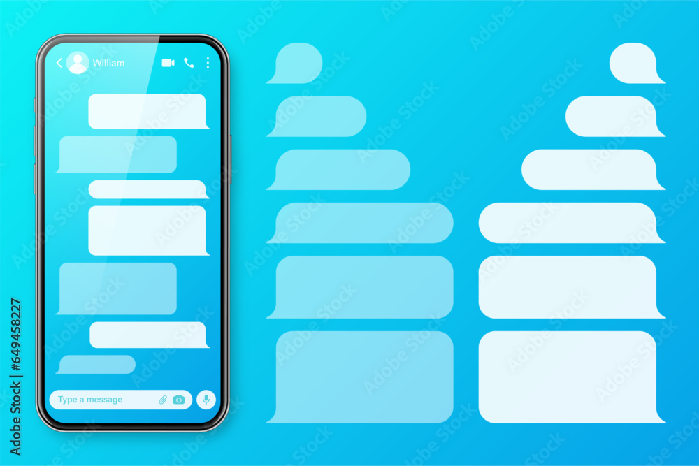 Poster realistic smartphone with messaging app on colorful blue background. blank sms text frame. chat scre