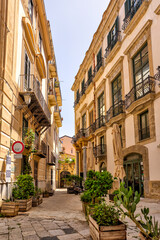 Palermo, Italy - July 18, 2022: Classic architecture and building facades on the streets in Palermo 