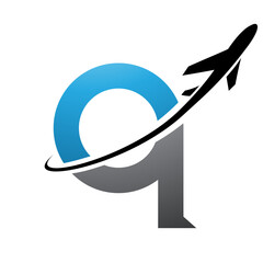 Obraz premium Blue and Black Lowercase Letter Q Icon with an Airplane