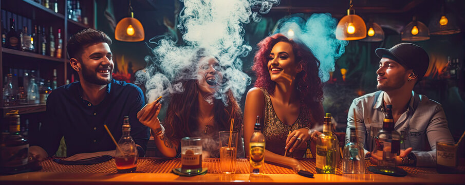 Happy smillig friends drinking and smoking shisha or Marijuana in night bar.