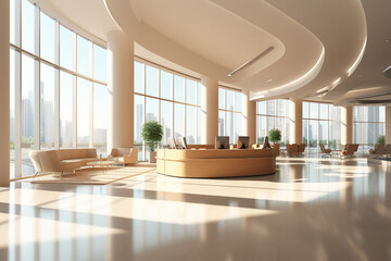 Fototapeta premium A modern spacious office hall with panoramic windows and a perspective in natural beige, brown tones