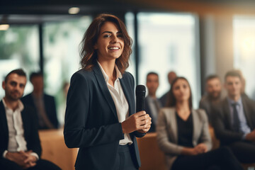 A confident female executive masterfully delivers a business presentation in a boardroom. - obrazy, fototapety, plakaty