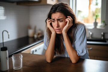 A forlorn woman at her kitchen sink looking worried about a plumbing problem.