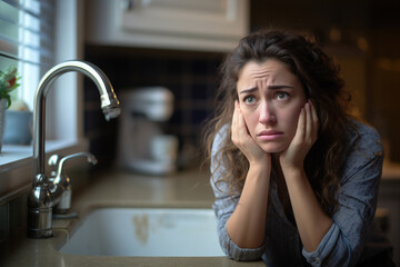 A forlorn woman at her kitchen sink looking worried about a plumbing problem. - obrazy, fototapety, plakaty